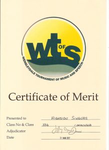 Certificate of Merit from the 2017 Wensleydale Tournament of Song
